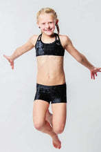 Load image into Gallery viewer, Kids - Girls' Pole Dance Shorts Elsa | Activewear | Color: black velvet | Kids Pole Shorts | Girls Pole Dance Shorts | Dětské pole dance šortky | Madchen Pole Shorts | Pole short enfants | Dragonfly Pole Dance Clothing and Bikram Hot Yoga Wear | Dětské Ob