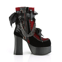 Load image into Gallery viewer, Botines Demonia CHARADE-110 Negro V. Le-Rojo-Negro Velvet-Fishnet Overlay