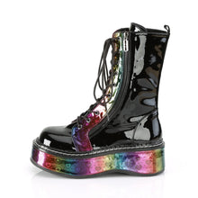 Load image into Gallery viewer, Botas Demonia EMILY-350 Negro Pat-Rainbow Hologram w/ Hearts