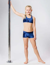 Load image into Gallery viewer, Kids - Girls' Pole Dance Shorts Elsa | Activewear | Color: blue velvet | Kids Pole Shorts | Girls Pole Dance Shorts | Dětské pole dance šortky | Madchen Pole Shorts | Pole short enfants | Dragonfly Pole Dance Clothing and Bikram Hot Yoga Wear | Dětské Obl

