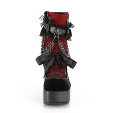 Load image into Gallery viewer, Botines Demonia CHARADE-110 Negro V. Le-Rojo-Negro Velvet-Fishnet Overlay
