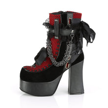 Load image into Gallery viewer, Botines Demonia CHARADE-110 Negro V. Le-Rojo-Negro Velvet-Fishnet Overlay
