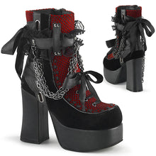 Load image into Gallery viewer, Botines Demonia CHARADE-110 Negro V. Le-Rojo-Negro Velvet-Fishnet Overlay
