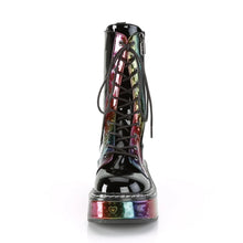 Load image into Gallery viewer, Botas Demonia EMILY-350 Negro Pat-Rainbow Hologram w/ Hearts
