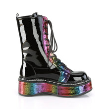 Load image into Gallery viewer, Botas Demonia EMILY-350 Negro Pat-Rainbow Hologram w/ Hearts
