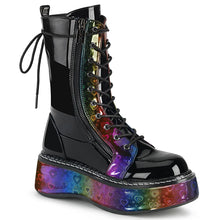 Load image into Gallery viewer, Botas Demonia EMILY-350 Negro Pat-Rainbow Hologram w/ Hearts
